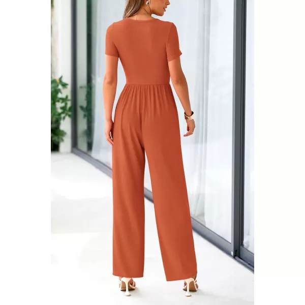 imagePRETTYGARDEN Womens Summer One Piece Jumpsuits Dressy Casual Short Sleeve Square Neck Wide Leg Jumpsuit RompersBrick Red