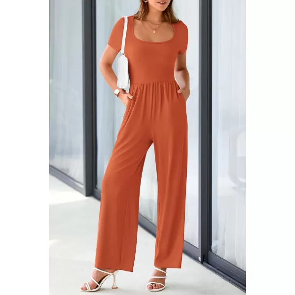 imagePRETTYGARDEN Womens Summer One Piece Jumpsuits Dressy Casual Short Sleeve Square Neck Wide Leg Jumpsuit RompersBrick Red