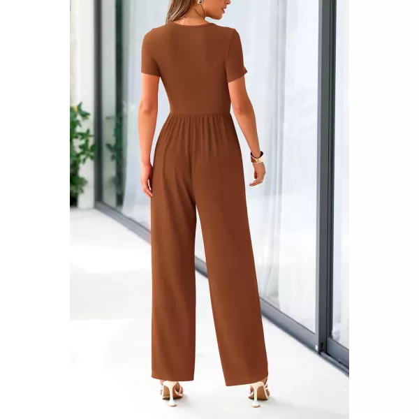 imagePRETTYGARDEN Womens Summer One Piece Jumpsuits Dressy Casual Short Sleeve Square Neck Wide Leg Jumpsuit RompersBrown