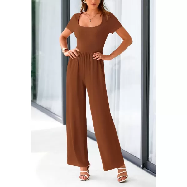 imagePRETTYGARDEN Womens Summer One Piece Jumpsuits Dressy Casual Short Sleeve Square Neck Wide Leg Jumpsuit RompersBrown