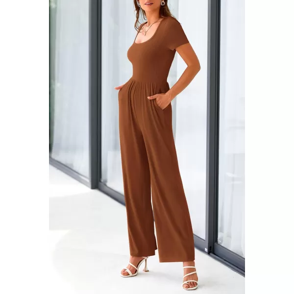 imagePRETTYGARDEN Womens Summer One Piece Jumpsuits Dressy Casual Short Sleeve Square Neck Wide Leg Jumpsuit RompersBrown