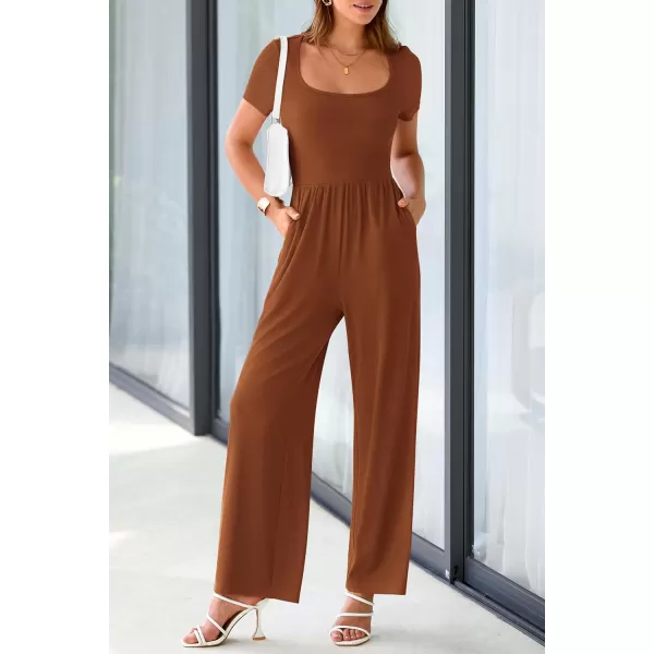 imagePRETTYGARDEN Womens Summer One Piece Jumpsuits Dressy Casual Short Sleeve Square Neck Wide Leg Jumpsuit RompersBrown