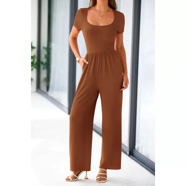 imagePRETTYGARDEN Womens Summer One Piece Jumpsuits Dressy Casual Short Sleeve Square Neck Wide Leg Jumpsuit RompersBrown