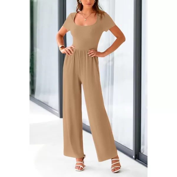 imagePRETTYGARDEN Womens Summer One Piece Jumpsuits Dressy Casual Short Sleeve Square Neck Wide Leg Jumpsuit RompersCamel