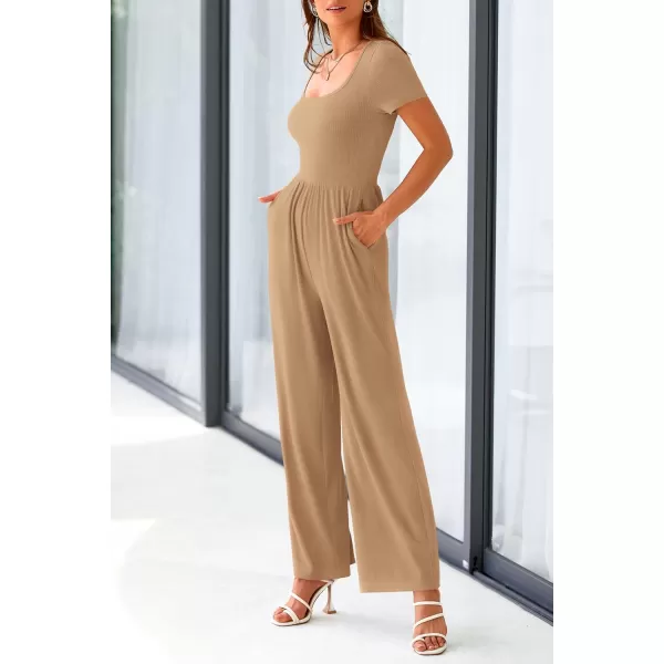 imagePRETTYGARDEN Womens Summer One Piece Jumpsuits Dressy Casual Short Sleeve Square Neck Wide Leg Jumpsuit RompersCamel