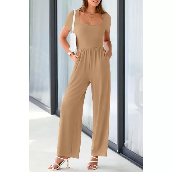 imagePRETTYGARDEN Womens Summer One Piece Jumpsuits Dressy Casual Short Sleeve Square Neck Wide Leg Jumpsuit RompersCamel