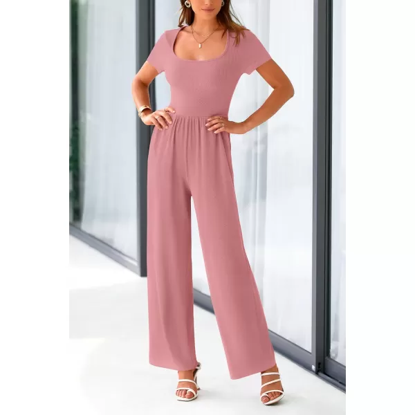 imagePRETTYGARDEN Womens Summer One Piece Jumpsuits Dressy Casual Short Sleeve Square Neck Wide Leg Jumpsuit RompersDusty Pink