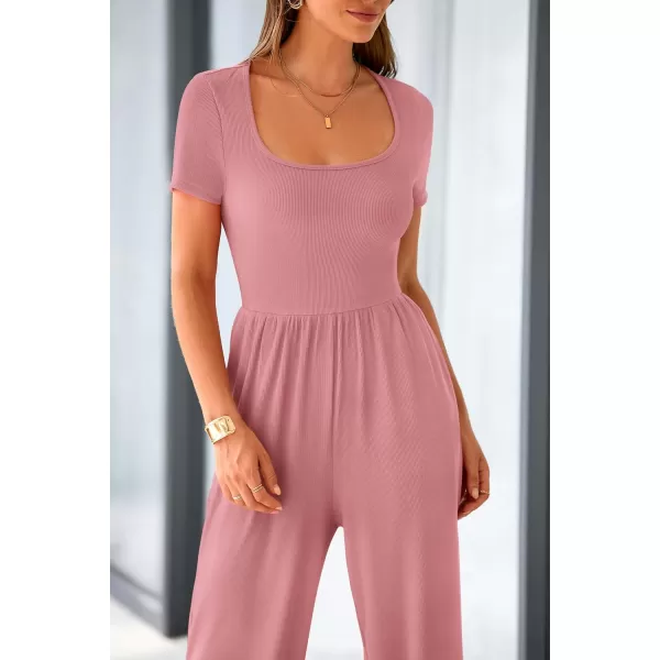 imagePRETTYGARDEN Womens Summer One Piece Jumpsuits Dressy Casual Short Sleeve Square Neck Wide Leg Jumpsuit RompersDusty Pink