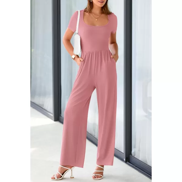 imagePRETTYGARDEN Womens Summer One Piece Jumpsuits Dressy Casual Short Sleeve Square Neck Wide Leg Jumpsuit RompersDusty Pink