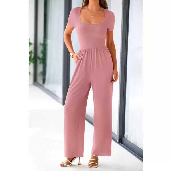imagePRETTYGARDEN Womens Summer One Piece Jumpsuits Dressy Casual Short Sleeve Square Neck Wide Leg Jumpsuit RompersDusty Pink