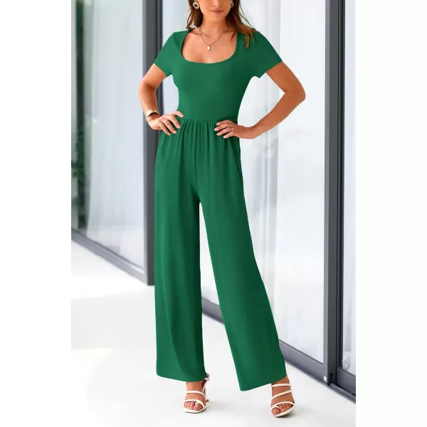 imagePRETTYGARDEN Womens Summer One Piece Jumpsuits Dressy Casual Short Sleeve Square Neck Wide Leg Jumpsuit RompersGreen