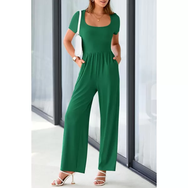 imagePRETTYGARDEN Womens Summer One Piece Jumpsuits Dressy Casual Short Sleeve Square Neck Wide Leg Jumpsuit RompersGreen