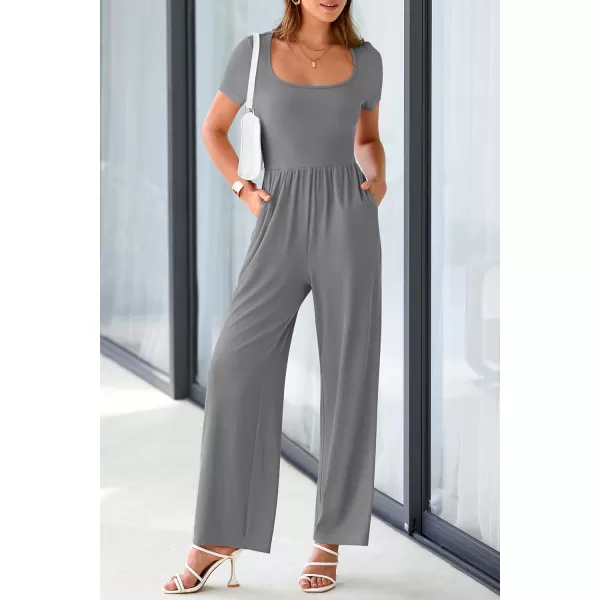 imagePRETTYGARDEN Womens Summer One Piece Jumpsuits Dressy Casual Short Sleeve Square Neck Wide Leg Jumpsuit RompersGrey