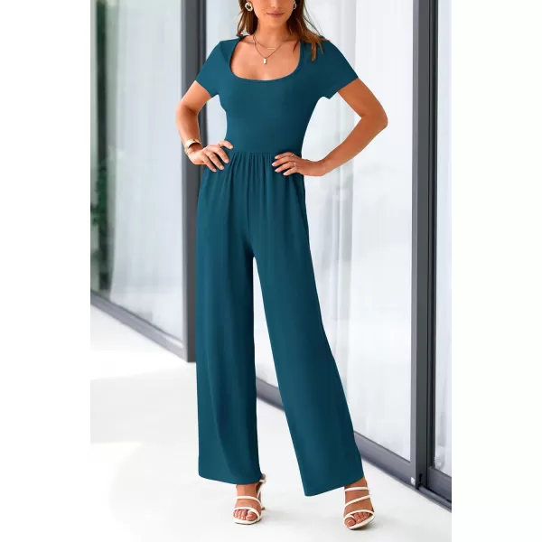 imagePRETTYGARDEN Womens Summer One Piece Jumpsuits Dressy Casual Short Sleeve Square Neck Wide Leg Jumpsuit RompersLake Blue