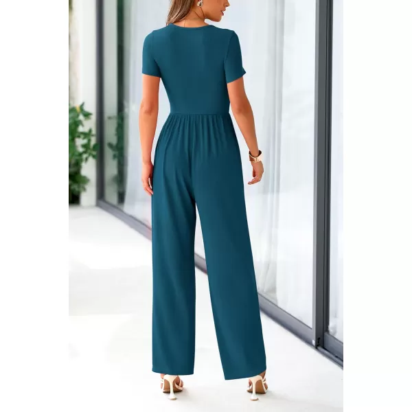 imagePRETTYGARDEN Womens Summer One Piece Jumpsuits Dressy Casual Short Sleeve Square Neck Wide Leg Jumpsuit RompersLake Blue