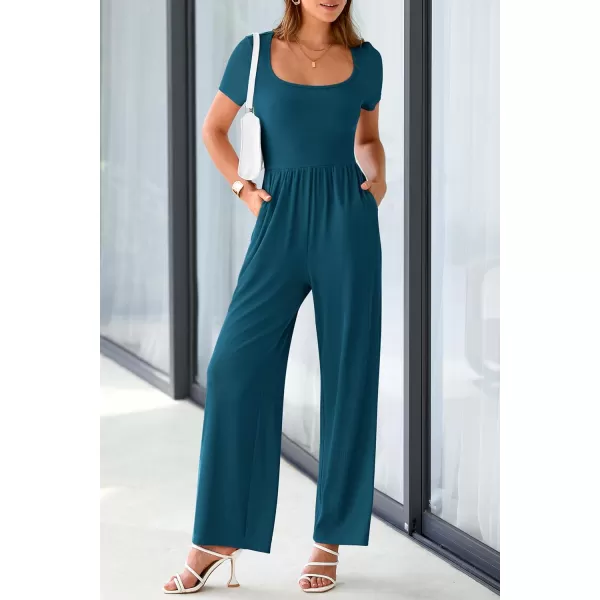 imagePRETTYGARDEN Womens Summer One Piece Jumpsuits Dressy Casual Short Sleeve Square Neck Wide Leg Jumpsuit RompersLake Blue
