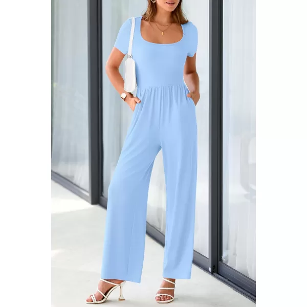 imagePRETTYGARDEN Womens Summer One Piece Jumpsuits Dressy Casual Short Sleeve Square Neck Wide Leg Jumpsuit RompersLight Blue