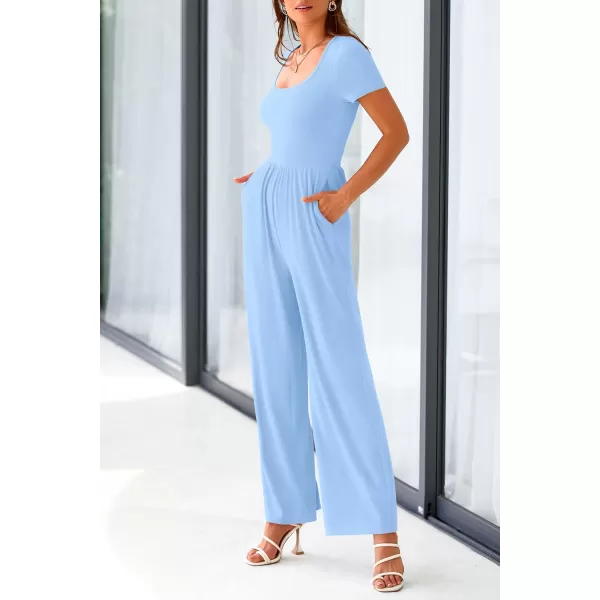 imagePRETTYGARDEN Womens Summer One Piece Jumpsuits Dressy Casual Short Sleeve Square Neck Wide Leg Jumpsuit RompersLight Blue