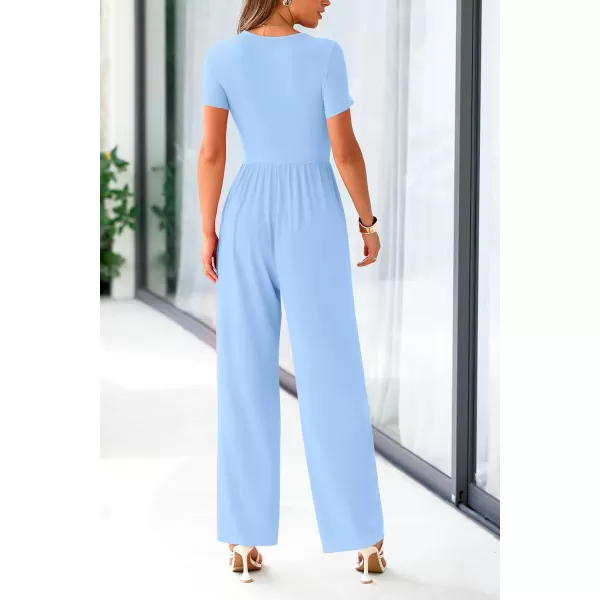 imagePRETTYGARDEN Womens Summer One Piece Jumpsuits Dressy Casual Short Sleeve Square Neck Wide Leg Jumpsuit RompersLight Blue