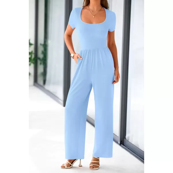 imagePRETTYGARDEN Womens Summer One Piece Jumpsuits Dressy Casual Short Sleeve Square Neck Wide Leg Jumpsuit RompersLight Blue