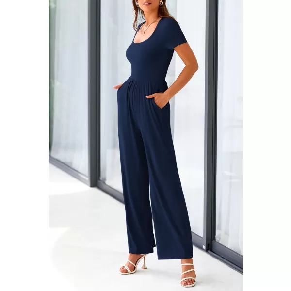 imagePRETTYGARDEN Womens Summer One Piece Jumpsuits Dressy Casual Short Sleeve Square Neck Wide Leg Jumpsuit RompersNavy