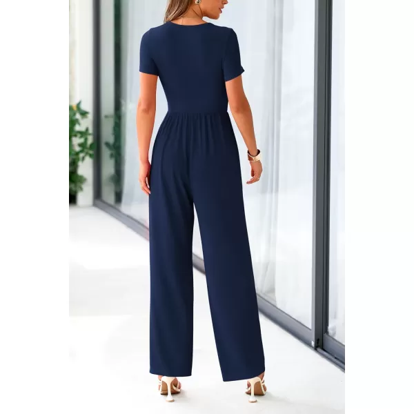 imagePRETTYGARDEN Womens Summer One Piece Jumpsuits Dressy Casual Short Sleeve Square Neck Wide Leg Jumpsuit RompersNavy