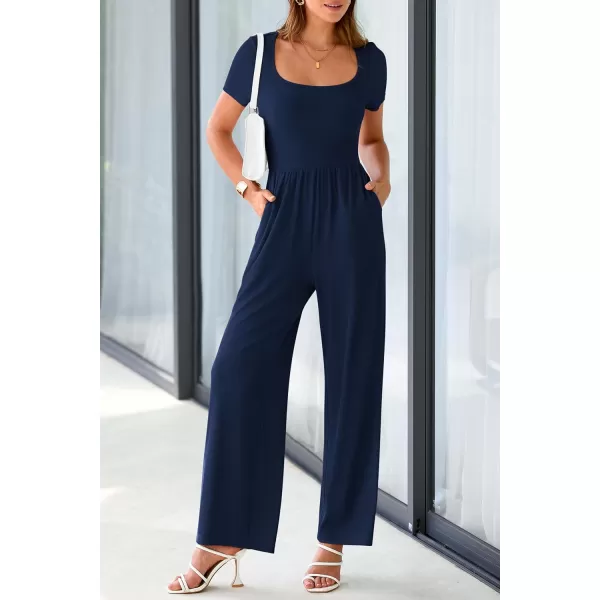 imagePRETTYGARDEN Womens Summer One Piece Jumpsuits Dressy Casual Short Sleeve Square Neck Wide Leg Jumpsuit RompersNavy