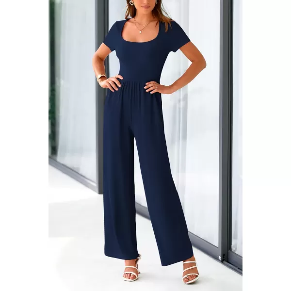 imagePRETTYGARDEN Womens Summer One Piece Jumpsuits Dressy Casual Short Sleeve Square Neck Wide Leg Jumpsuit RompersNavy