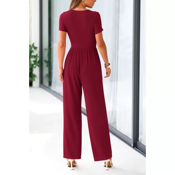 imagePRETTYGARDEN Womens Summer One Piece Jumpsuits Dressy Casual Short Sleeve Square Neck Wide Leg Jumpsuit RompersWine Red