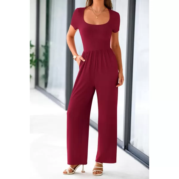 imagePRETTYGARDEN Womens Summer One Piece Jumpsuits Dressy Casual Short Sleeve Square Neck Wide Leg Jumpsuit RompersWine Red