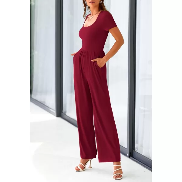 imagePRETTYGARDEN Womens Summer One Piece Jumpsuits Dressy Casual Short Sleeve Square Neck Wide Leg Jumpsuit RompersWine Red