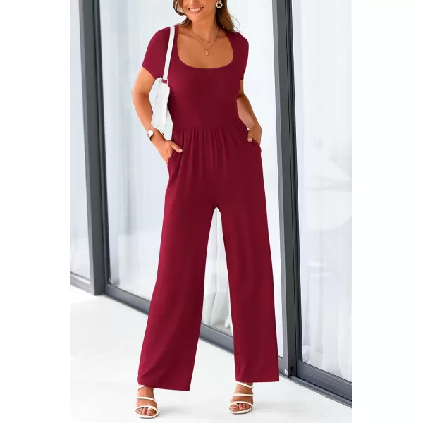 imagePRETTYGARDEN Womens Summer One Piece Jumpsuits Dressy Casual Short Sleeve Square Neck Wide Leg Jumpsuit RompersWine Red