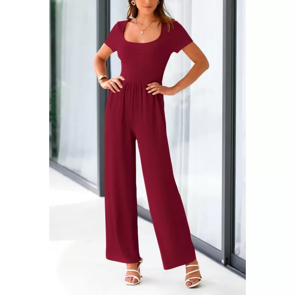 imagePRETTYGARDEN Womens Summer One Piece Jumpsuits Dressy Casual Short Sleeve Square Neck Wide Leg Jumpsuit RompersWine Red