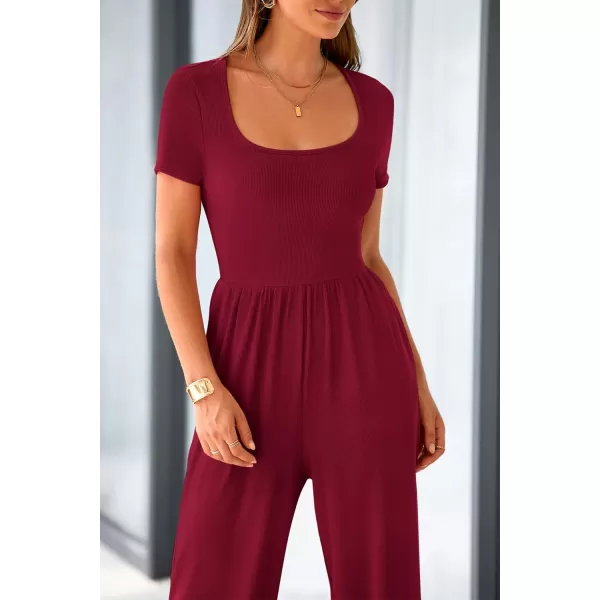 imagePRETTYGARDEN Womens Summer One Piece Jumpsuits Dressy Casual Short Sleeve Square Neck Wide Leg Jumpsuit RompersWine Red