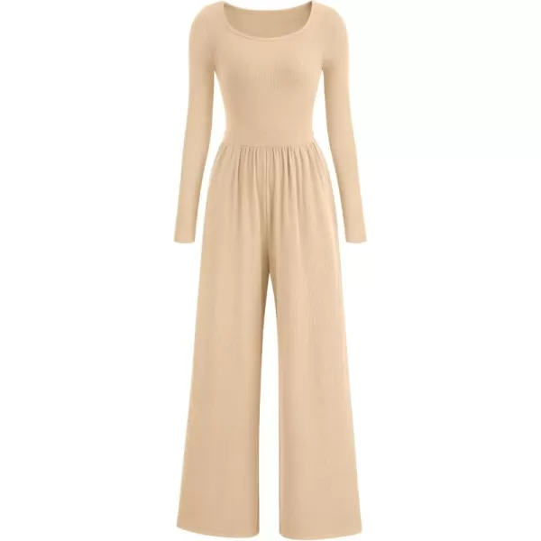 imagePRETTYGARDEN Fall Jumpsuits for Women Dressy Casual Long Sleeve Wide Leg Pants Rompers One Piece OutfitsBeige
