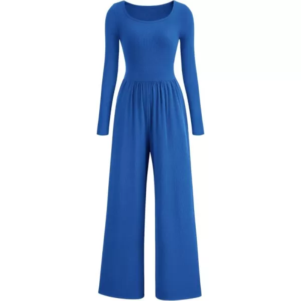 imagePRETTYGARDEN Fall Jumpsuits for Women Dressy Casual Long Sleeve Wide Leg Pants Rompers One Piece OutfitsBlue