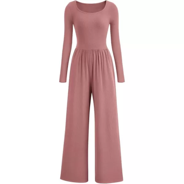 imagePRETTYGARDEN Fall Jumpsuits for Women Dressy Casual Long Sleeve Wide Leg Pants Rompers One Piece OutfitsDusty Pink