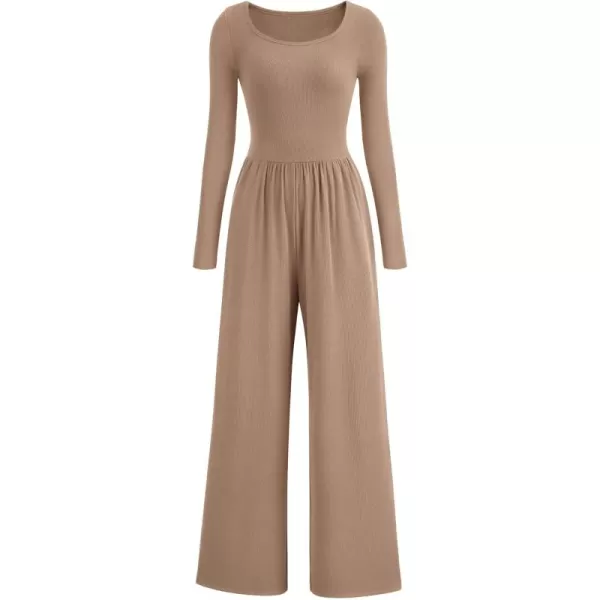 imagePRETTYGARDEN Fall Jumpsuits for Women Dressy Casual Long Sleeve Wide Leg Pants Rompers One Piece OutfitsKhaki