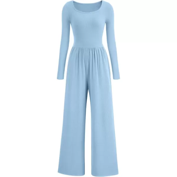 imagePRETTYGARDEN Fall Jumpsuits for Women Dressy Casual Long Sleeve Wide Leg Pants Rompers One Piece OutfitsLight Blue