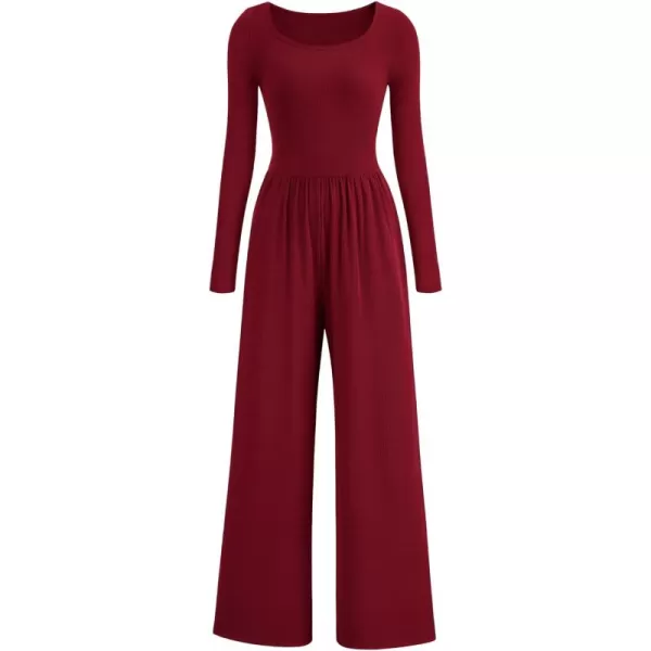 imagePRETTYGARDEN Fall Jumpsuits for Women Dressy Casual Long Sleeve Wide Leg Pants Rompers One Piece OutfitsWine Red