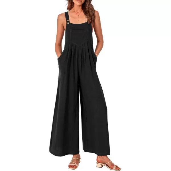 imagePRETTYGARDEN Womens Bib Overalls Casual Summer Sleeveless Strap Loose Wide Leg Jumpsuits with PocketsBlack