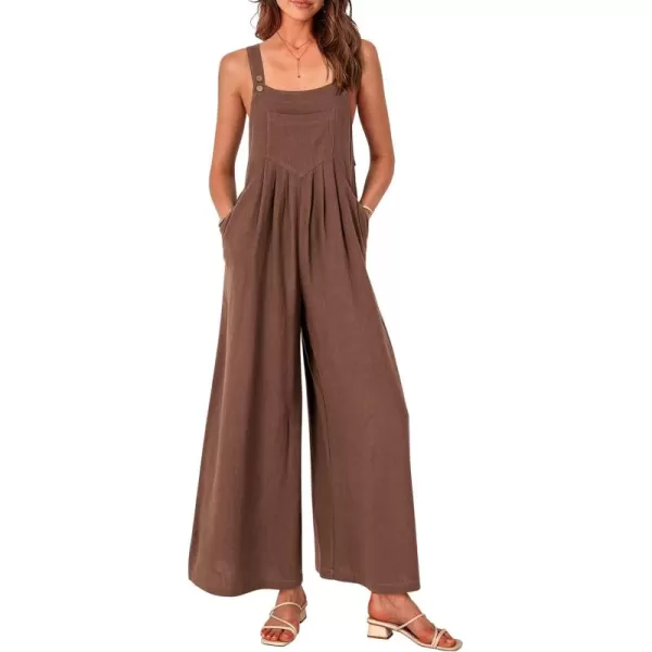 imagePRETTYGARDEN Womens Bib Overalls Casual Summer Sleeveless Strap Loose Wide Leg Jumpsuits with PocketsBrown
