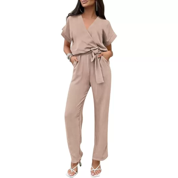 imagePRETTYGARDEN Womens Jumpsuit Casual Short Sleeve Wrap V Neck Belted Wide Leg PantsBeige