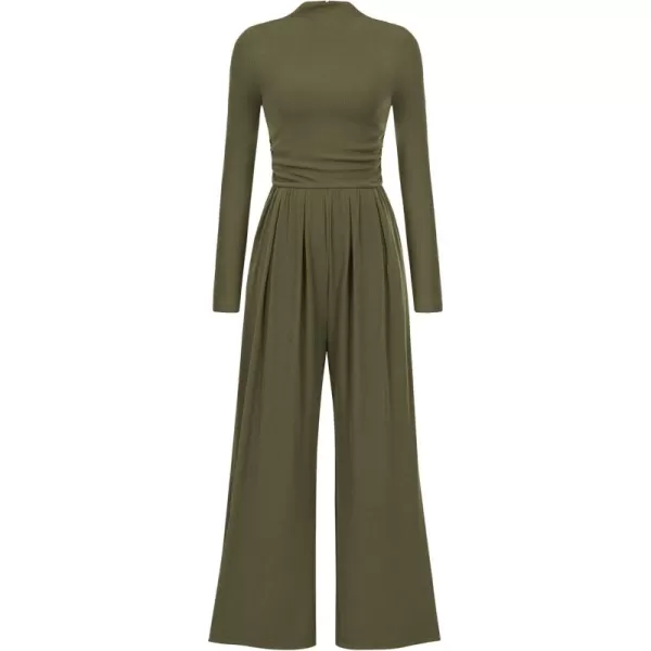 imagePRETTYGARDEN Womens Jumpsuit Dressy Casual One Piece Outfits Long Sleeve Mock Neck Wide Leg Pants RompersArmy Green