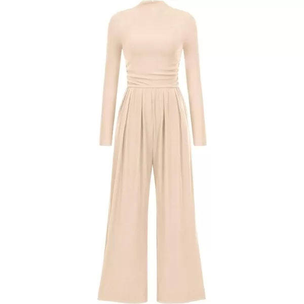 imagePRETTYGARDEN Womens Jumpsuit Dressy Casual One Piece Outfits Long Sleeve Mock Neck Wide Leg Pants RompersBeige