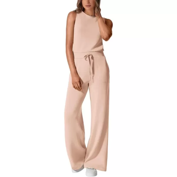 imagePRETTYGARDEN Womens Jumpsuits Summer Casual One Piece Outfits Sleeveless Wide Leg Long Pants RompersBeige