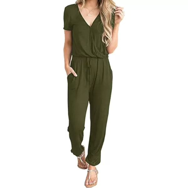 imagePRETTYGARDEN Womens Summer Casual Deep V Neck Short Sleeve Wrap Drawstring Waist Jumpsuit RomperArmy Green