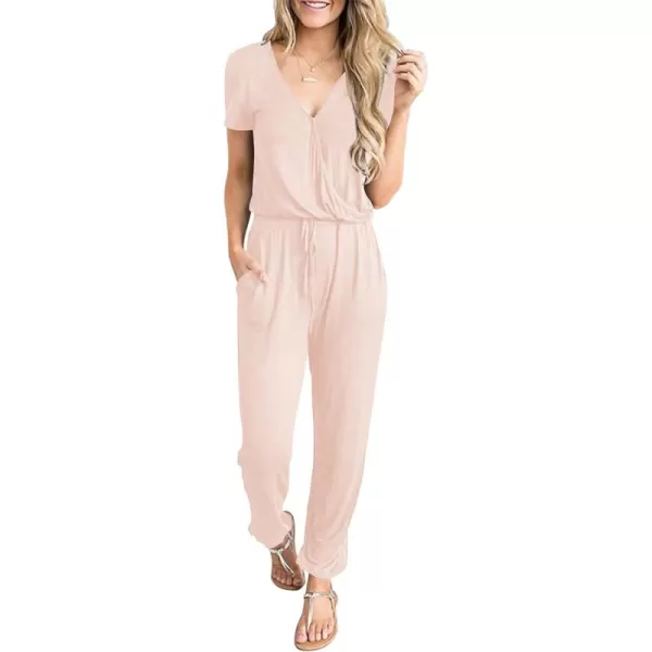 imagePRETTYGARDEN Womens Summer Casual Deep V Neck Short Sleeve Wrap Drawstring Waist Jumpsuit RomperBeige