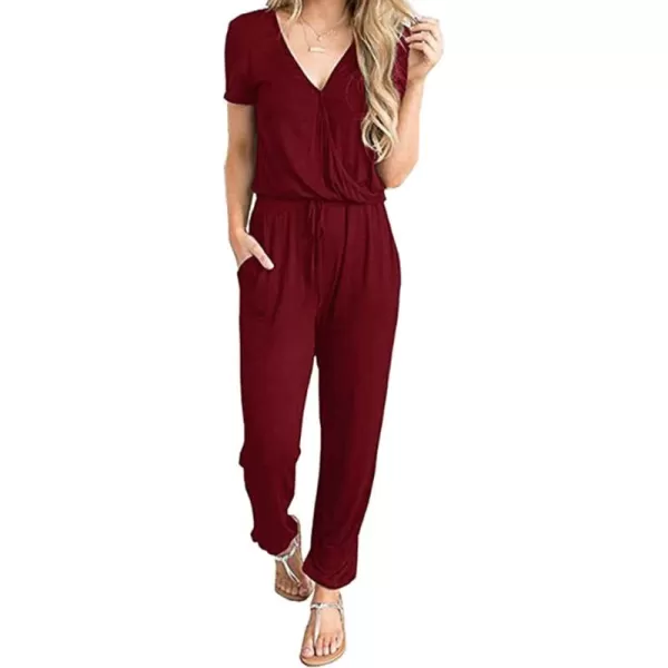 imagePRETTYGARDEN Womens Summer Casual Deep V Neck Short Sleeve Wrap Drawstring Waist Jumpsuit RomperWine Red