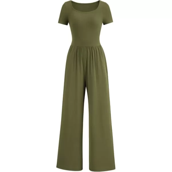 imagePRETTYGARDEN Womens Summer One Piece Jumpsuits Dressy Casual Short Sleeve Square Neck Wide Leg Jumpsuit RompersArmy Green